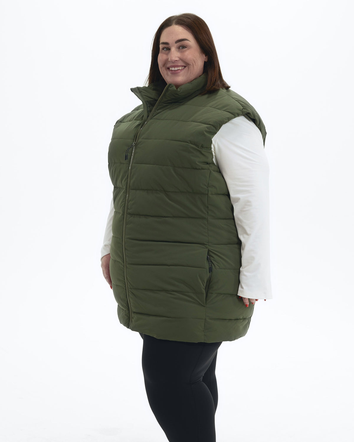 Scout Green Tempo II women's plus size insulated vest, side | Model is 5'4" and wears a 3X