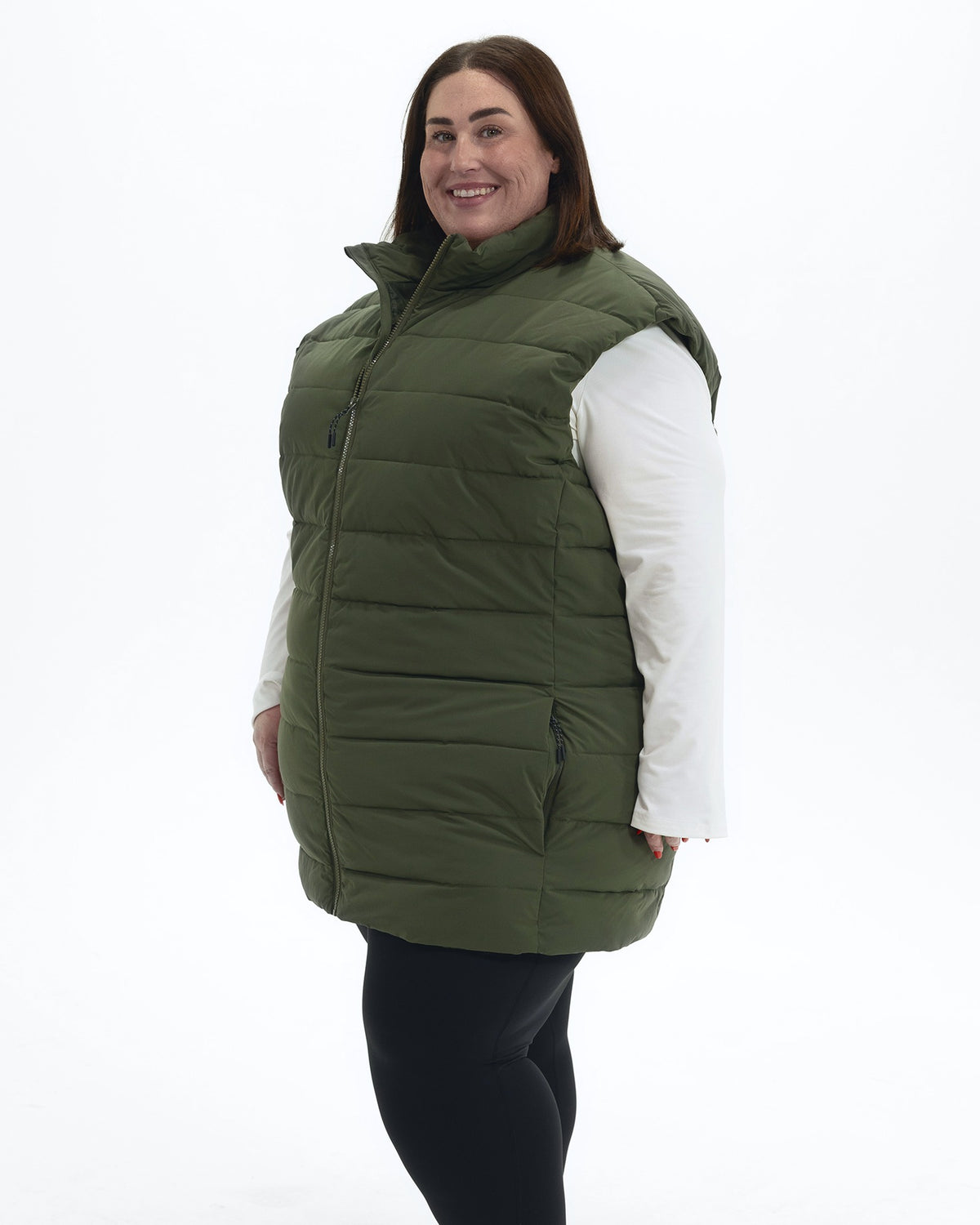 Scout Green Tempo II women's plus size insulated vest, three quarter view | Model is 5'4" and wears a 3X