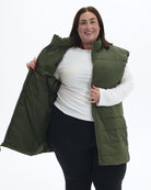 Scout Green Tempo II women's plus size insulated vest, worn open showing the quilted lining | Model is 5'4" and wears a 3X