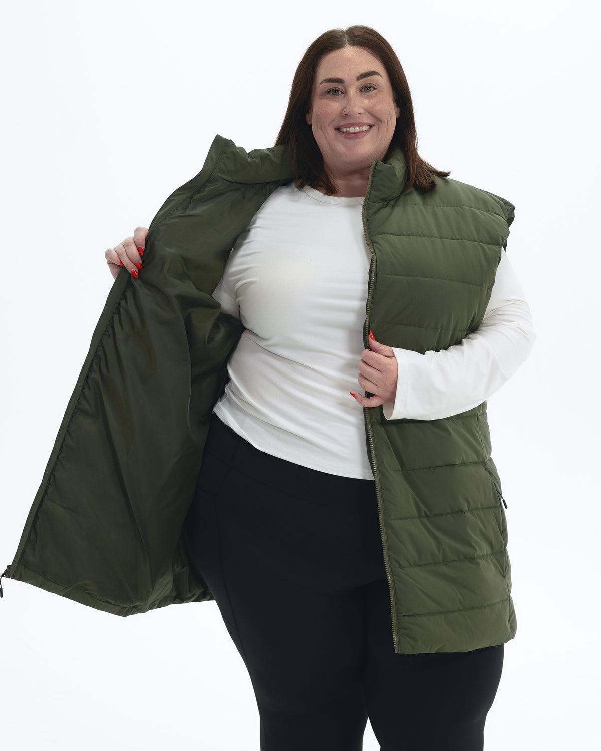 Scout Green Tempo II women's plus size insulated vest, worn open showing the quilted lining | Model is 5'4" and wears a 3X