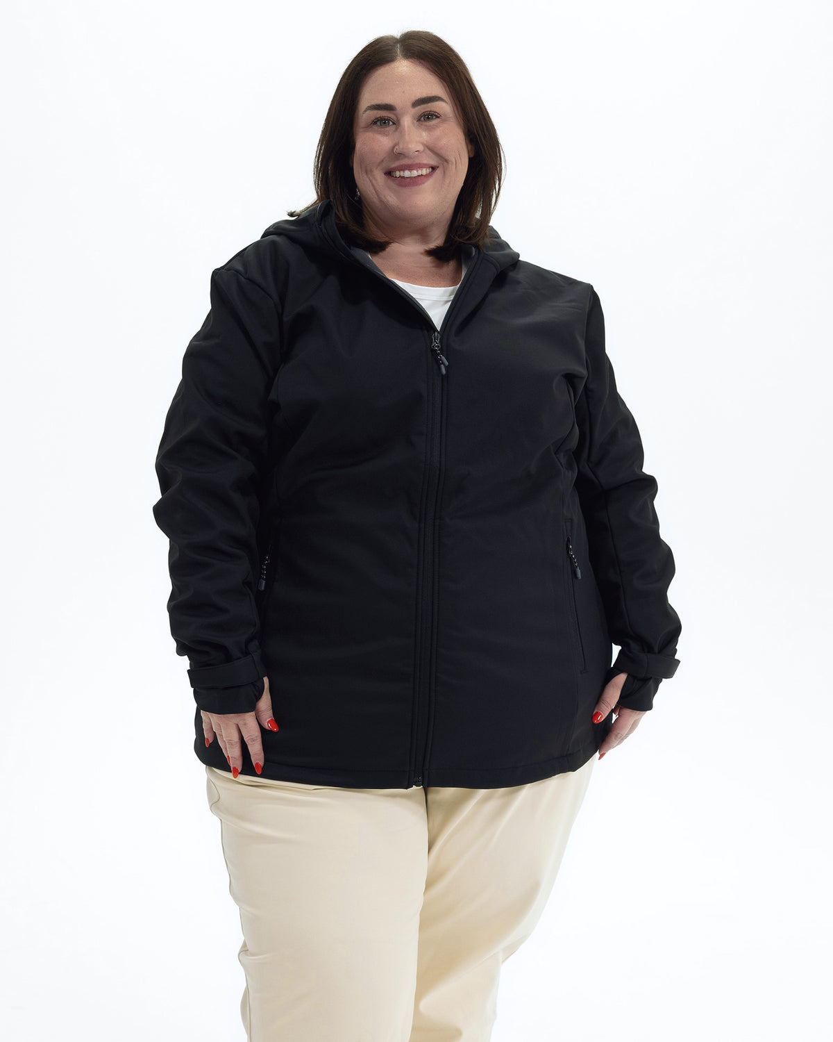 Black The Venus plus size fleece lined soft shell jacket, front | Model is 5'4" and wears a 3X
