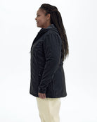 Black The Venus plus size fleece lined soft shell jacket, side | Model is 5'6" and wears a 1X