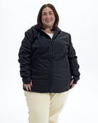 Black The Venus plus size fleece lined soft shell jacket, front | Model is 5'4" and wears a 3X