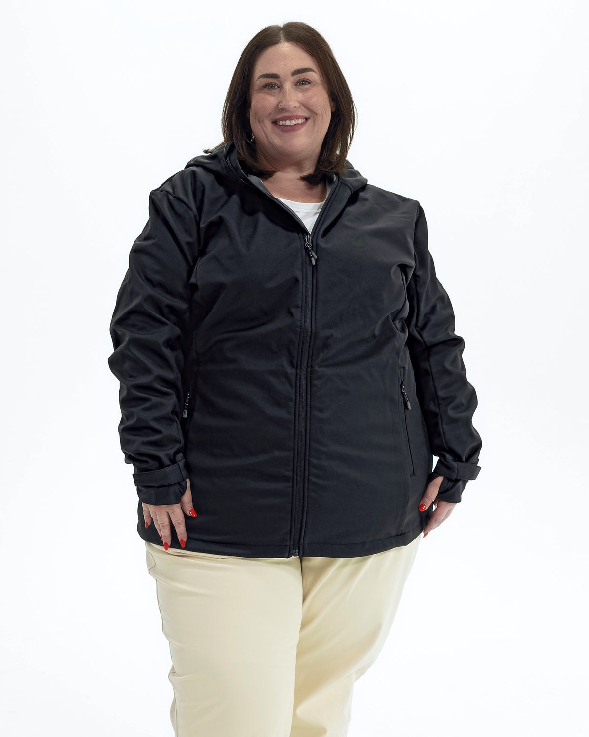 Black The Venus plus size fleece lined soft shell jacket, front | Model is 5'4" and wears a 3X