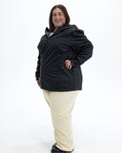 Black The Venus plus size fleece lined soft shell jacket, full length | Model is 5'4" and wears a 3X