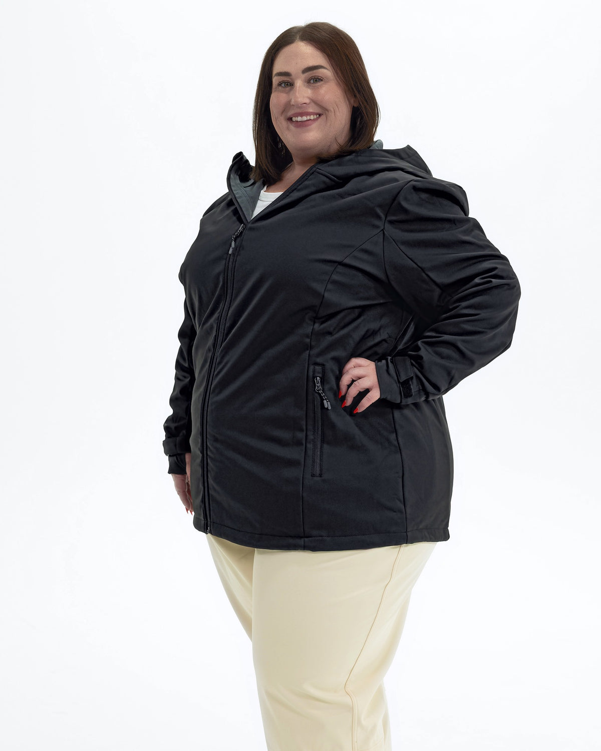 Black The Venus plus size fleece lined soft shell jacket, three quarter view | Model is 5'4" and wears a 3X