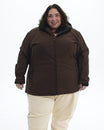 Chocolate The Venus plus size fleece lined soft shell jacket, front | Model is 5'4" and wears a 5X