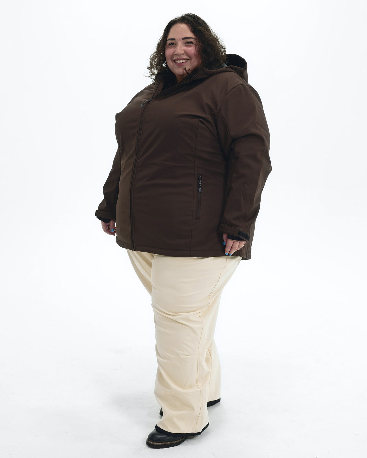 Chocolate The Venus plus size fleece lined soft shell jacket, full length | Model is 5'4" and wears a 5X