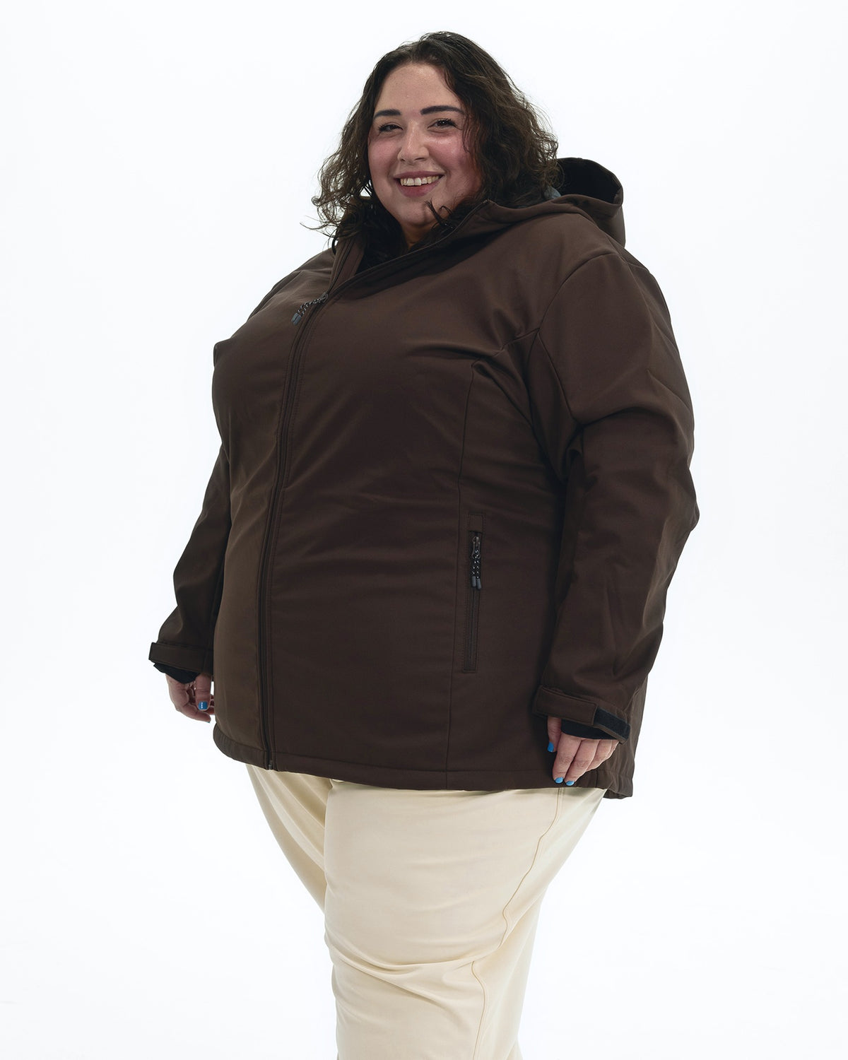 Chocolate The Venus plus size fleece lined soft shell jacket, three quarter view | Model is 5'4" and wears a 5X