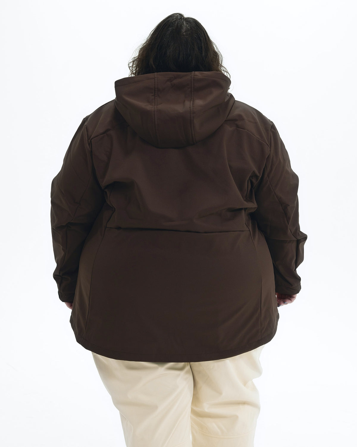 Chocolate The Venus plus size fleece lined soft shell jacket, back | Model is 5'4" and wears a 5X
