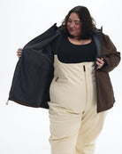 Chocolate The Venus plus size fleece lined soft shell jacket, worn open showing the micro fleece lining | Model is 5'4" and wears a 5X