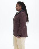 Eggplant The Venus plus size fleece lined soft shell jacket, three quarter view | Model is 5'6" and wears a 1X