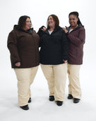 The Venus plus size fleece lined soft shell jacket, sizes 1X to 6X, worn by three models in Chocolate, Black and Eggplant