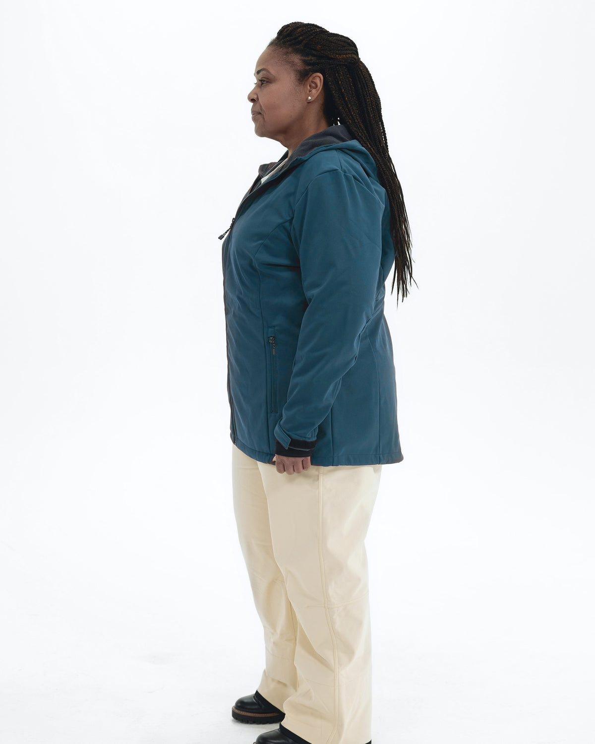 Peacock The Venus plus size fleece lined soft shell jacket, side | Model is 5'6" and wears a 1X