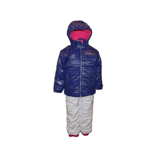 Blue and white snowsuit with pink lining for toddlers, ideal for winter outdoor activities