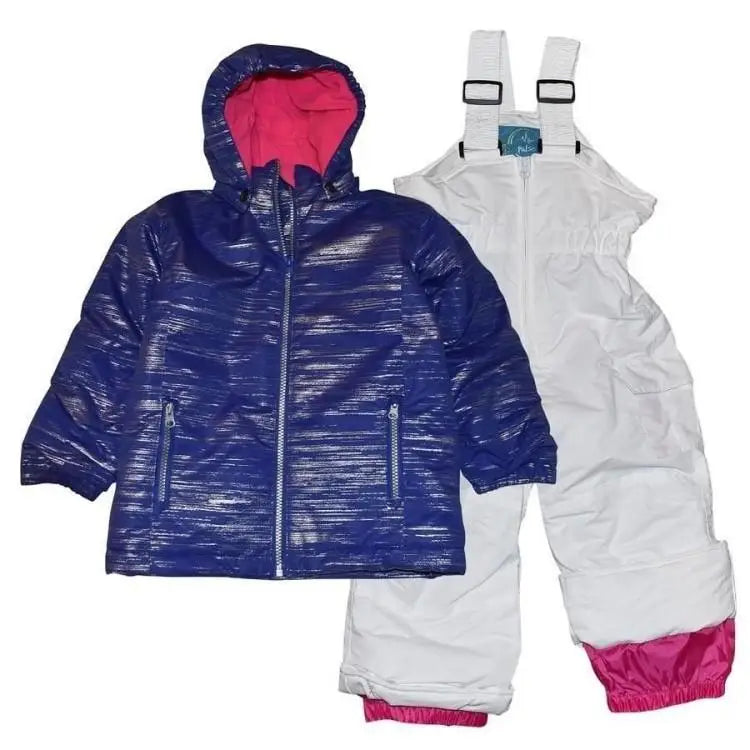Children’s blue snowsuit with white bib overalls from Pulse Toddler Ski Jacket Snow Bibs