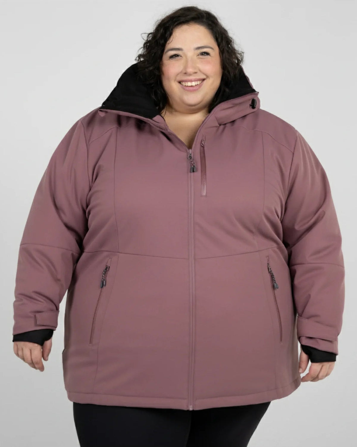 Black Cherry The Siberian plus size heavy insulated softshell coat, front on model