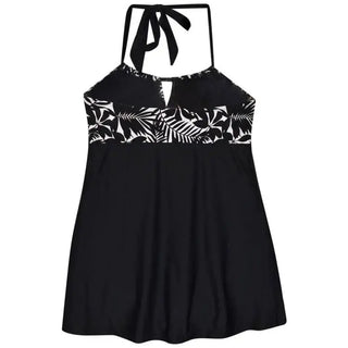 Black and white floral halter swimsuit featured in Simply Fit Plus Size Swimdress product