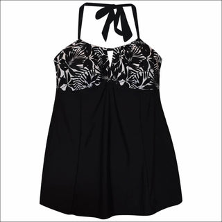 Simply Fit Womens Plus Size Swimdress Swimsuit Halter Front 16-24 - 16 / Black White Leaf - Plus Size