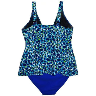 Blue patterned tankini swimsuit set with tiered ruffle for plus size women