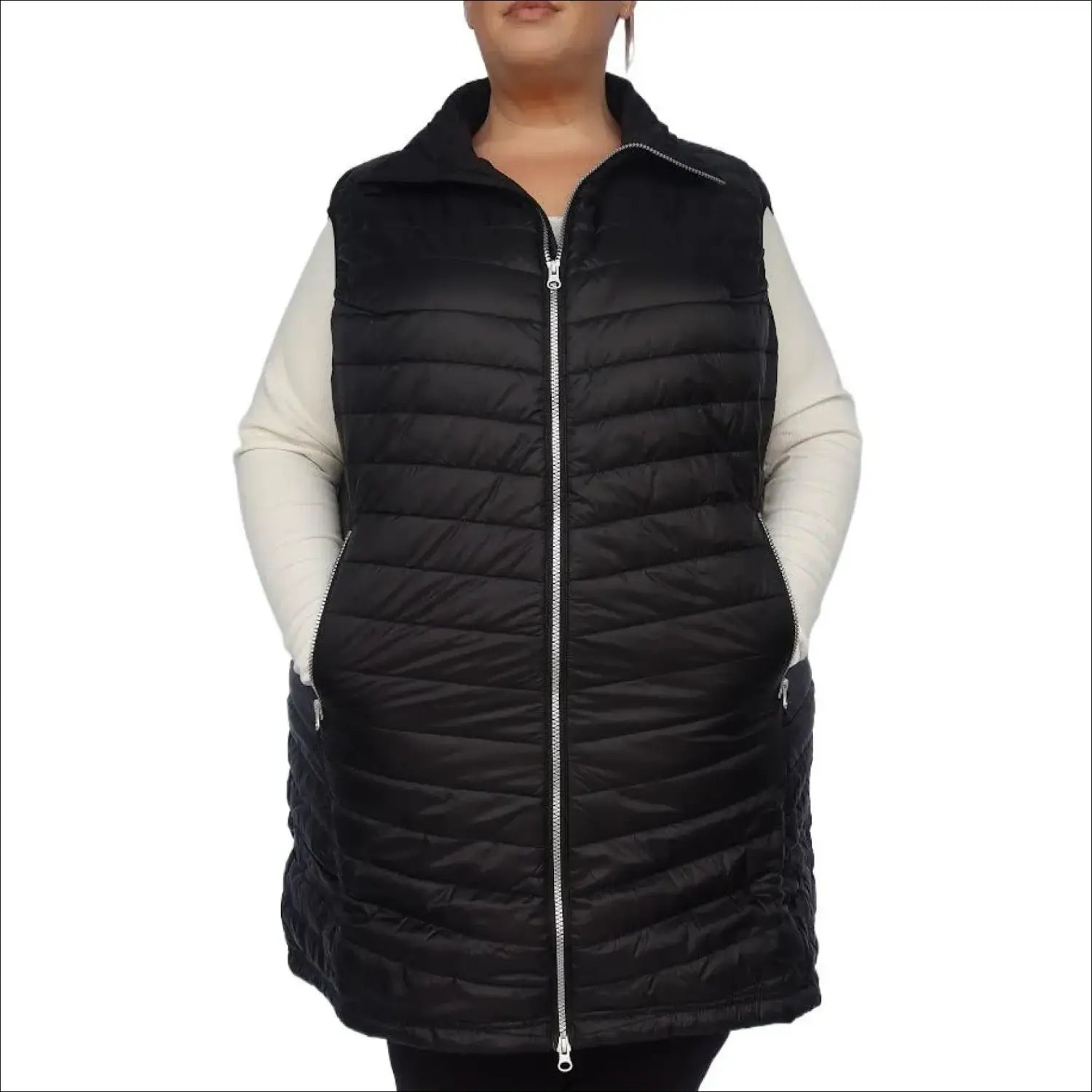 Black quilted puffer vest for women’s plus size long insulated outerwear Pristine
