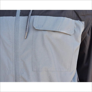 Gray and black hooded men’s rain jacket with pocket from Snow Country Outerwear