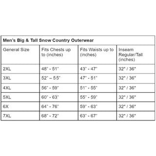 Mens outerwear size chart for Snow Country Outerwear 3XL to 7XL Big Packable Rain Pants