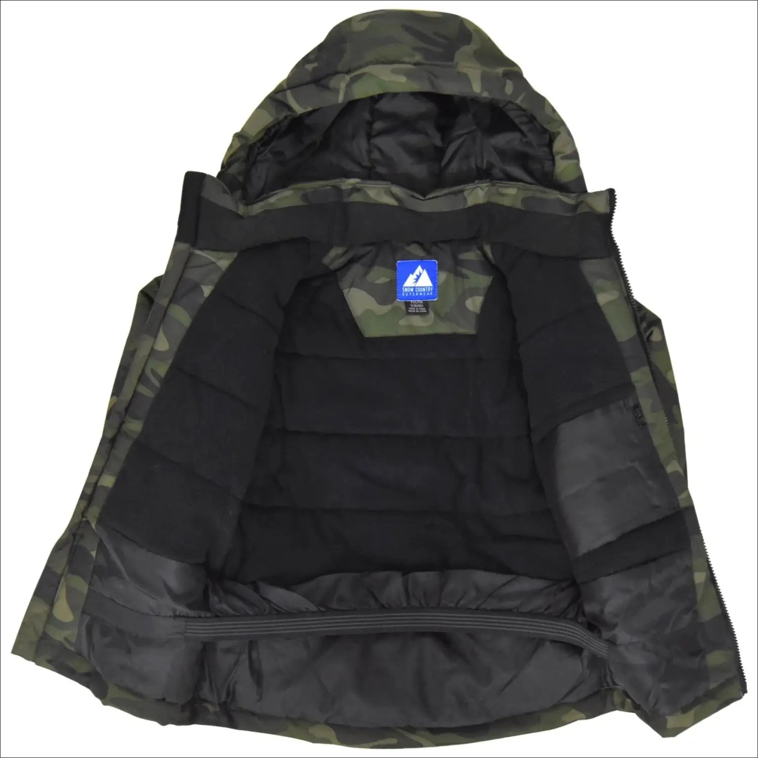 Open camouflage hooded jacket from Snow Country Outerwear Boys Youth S-L Insulated Snow Jacket Coat Gravity 8-18