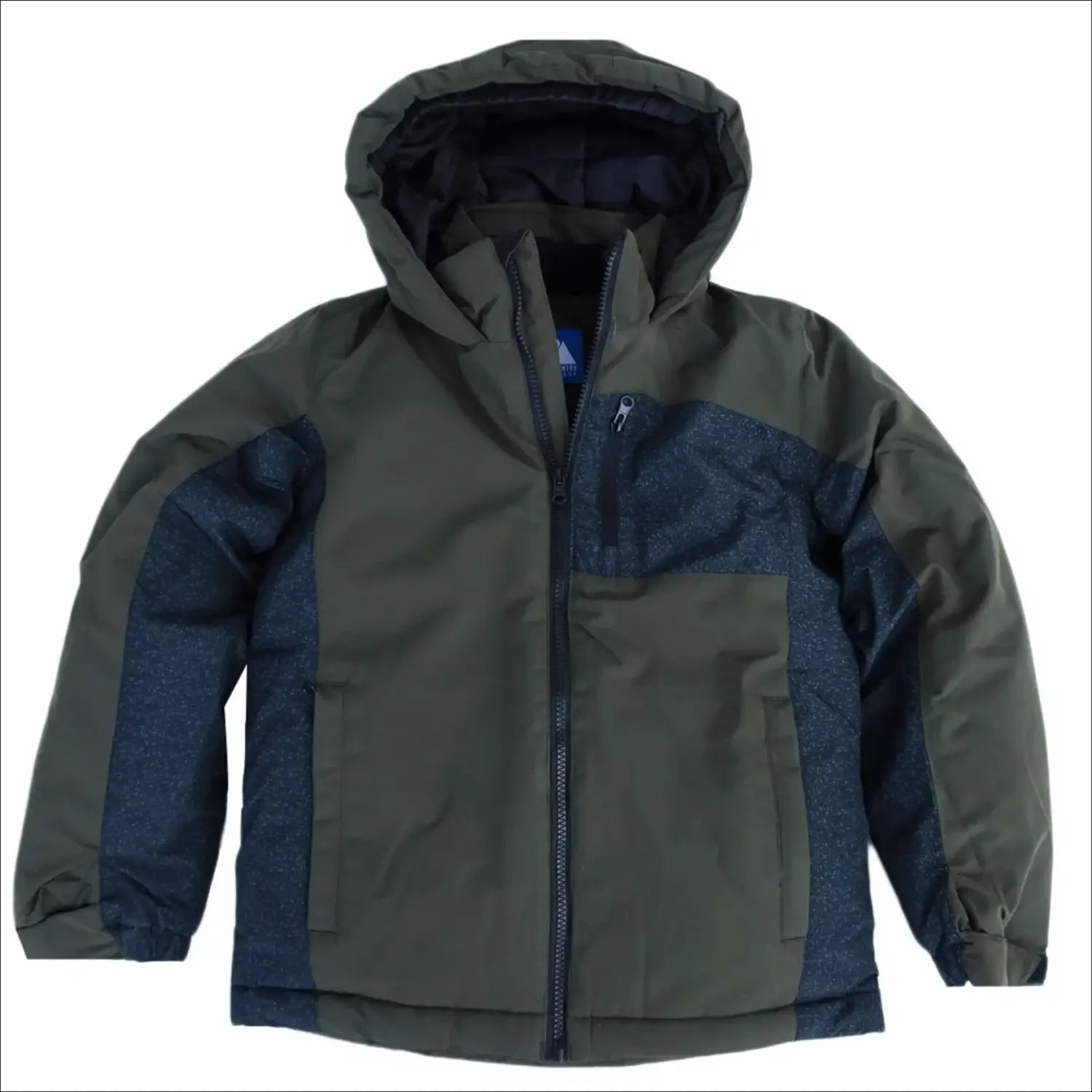 Olive green and navy blue hooded winter jacket from Snow Country Outerwear for boys