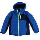 Blue hooded winter jacket with neon green zipper from Snow Country Outerwear for boys