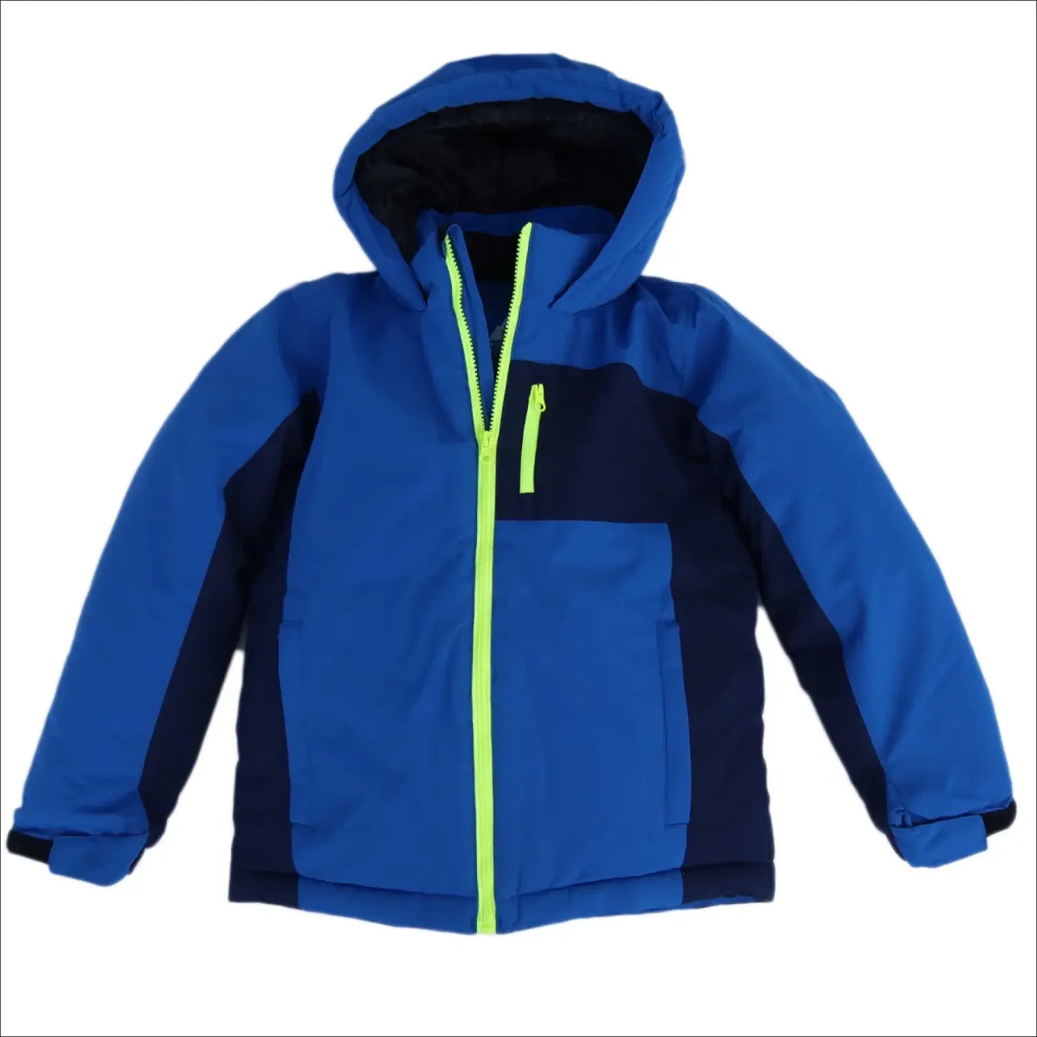 Blue hooded winter jacket with neon green zipper from Snow Country Outerwear for boys