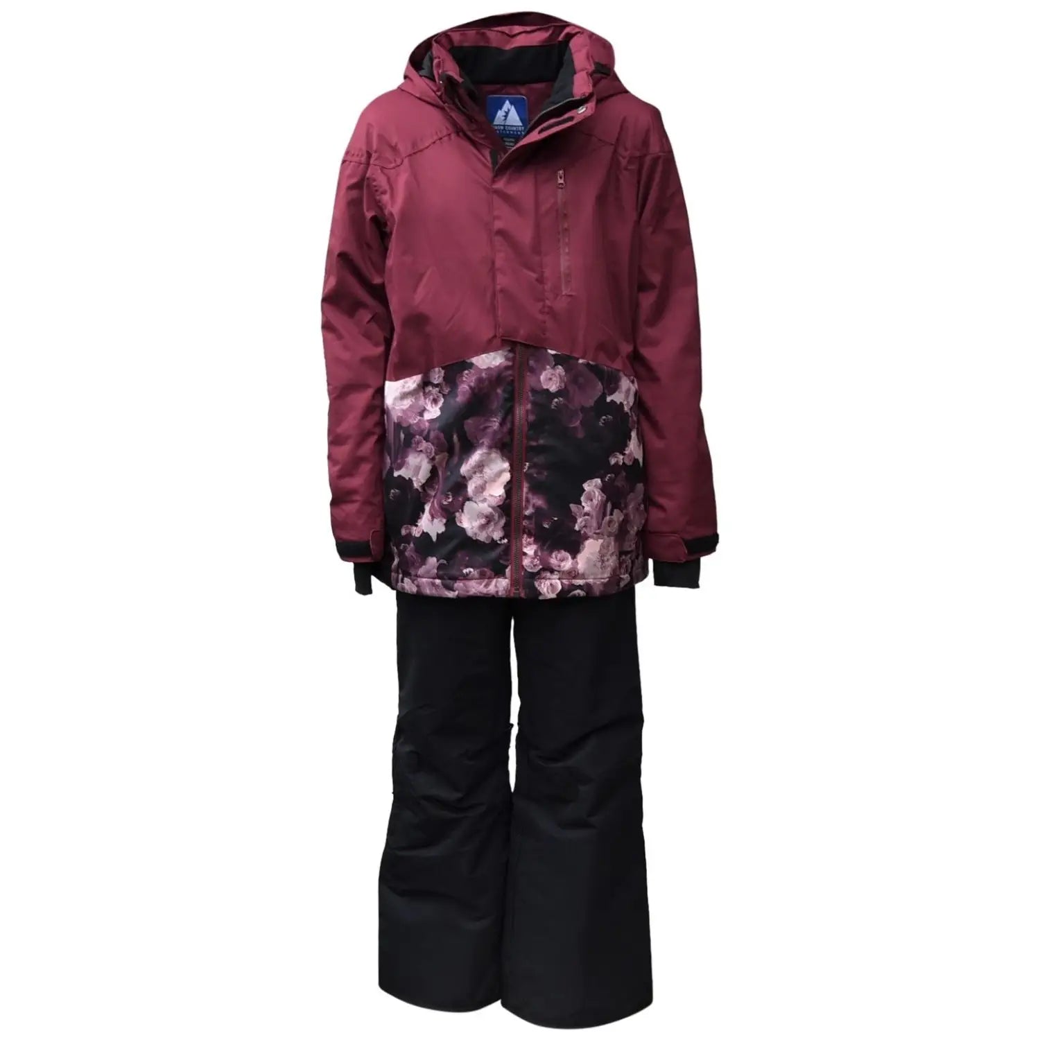 Burgundy floral ski suit for girls from Snow Country Outerwear winter snow set