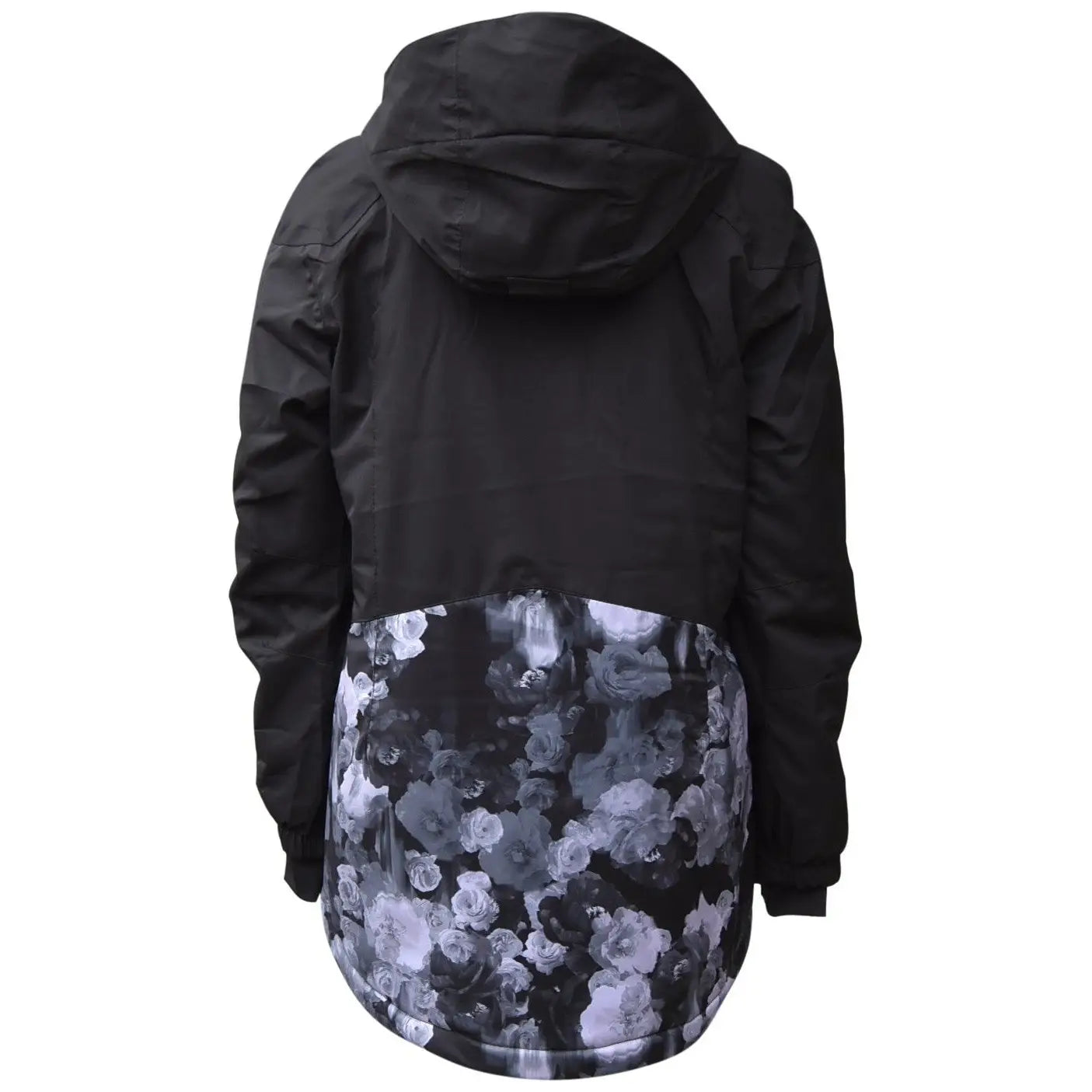 Black hooded jacket with floral print from Snow Country Outerwear Girls Peony Ski Coat