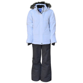 Light blue ski jacket and black pants from Snow Country Outerwear for girls aged 7-16