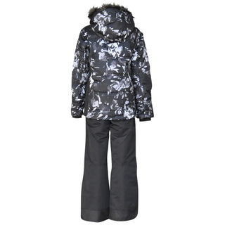 Floral-patterned winter jacket and black pants from Snow Country Outerwear for girls