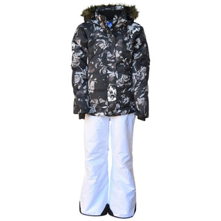 Floral ski jacket and white pants for girls from Snow Country Outerwear for winter skiing