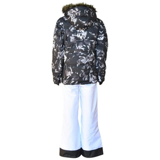 Floral-patterned winter jacket with white pants from Snow Country Outerwear for girls