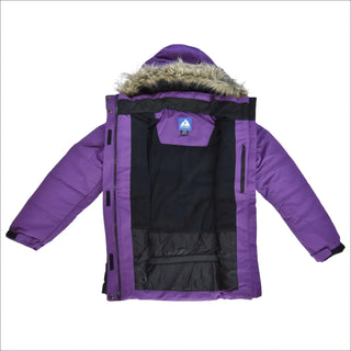 Open purple winter coat with fur-trimmed hood from Snow Country Outerwear for Girls Kids Youth Winter Snowsuit Ski Jacket Pants Aspens Calling 7-16
