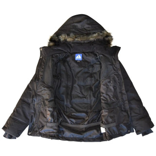 Open black winter coat with fur-trimmed hood from Snow Country Outerwear for girls and youth