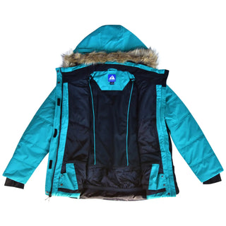 Open turquoise winter jacket with fur-trimmed hood from Snow Country Outerwear for girls