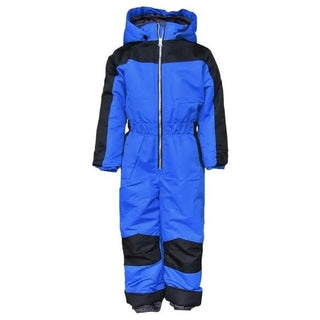 Blue and black hooded snowsuit for little boys, perfect for winter outdoor play