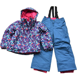 Floral patterned winter jacket and blue snow pants set for girls in Snow Country Outerwear Ski Set