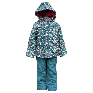 Child’s patterned pink and purple snow suit set for winter skiing and snow days