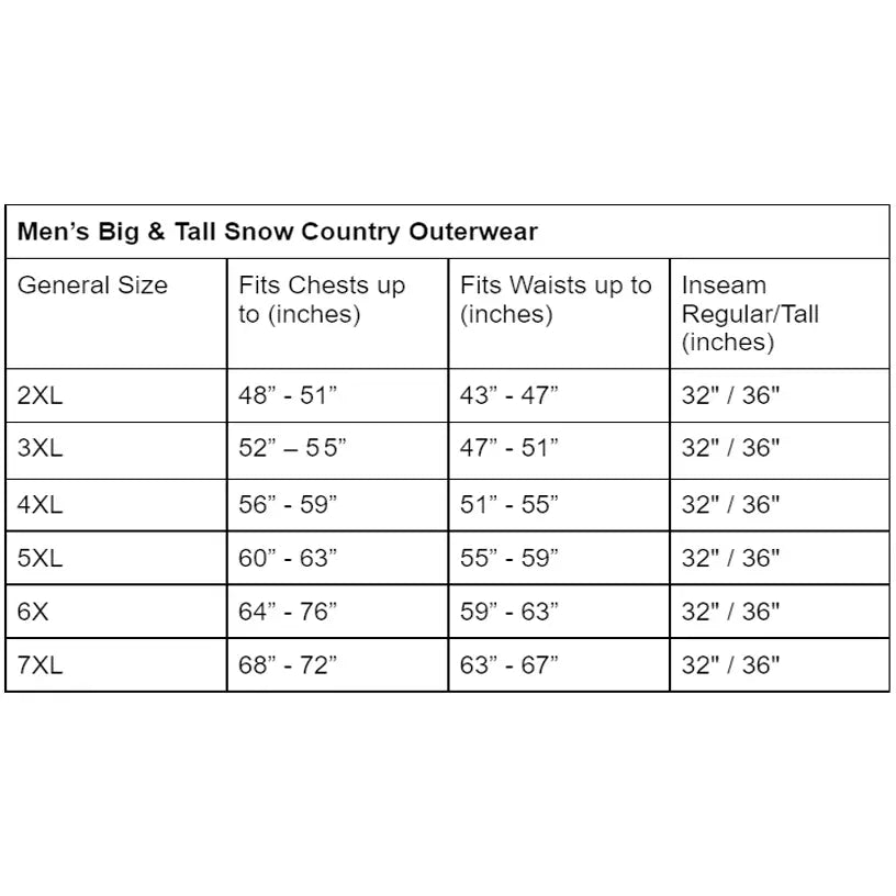 Men’s Big and Tall Outerwear Size Chart for Men’s Big 2X-7X 3in1 Winter Ski Snow Jacket Coat Altitude II Snow Country Outerwear
