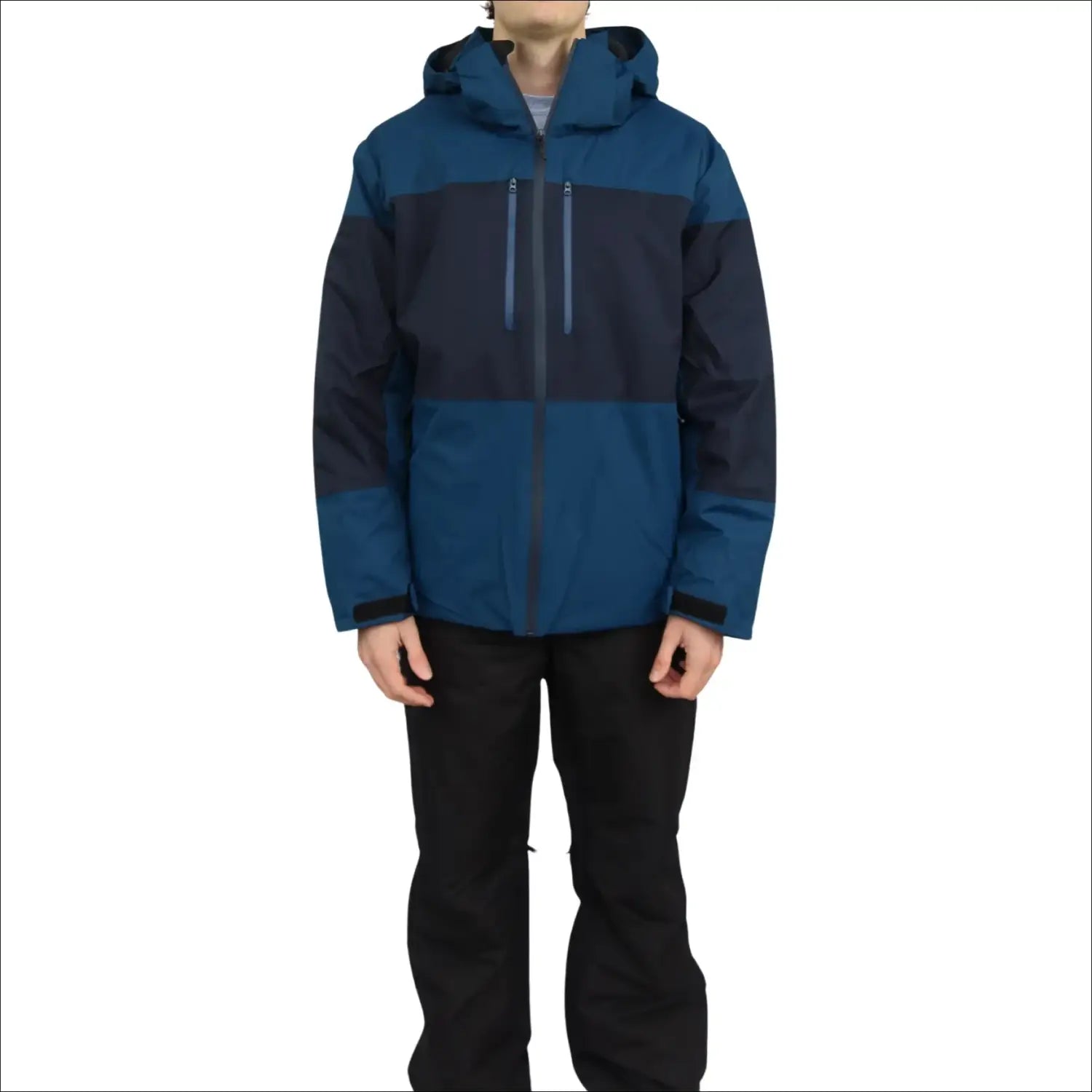 Two-tone blue hooded men’s insulated peak winter ski jacket for snow country outdoorwear