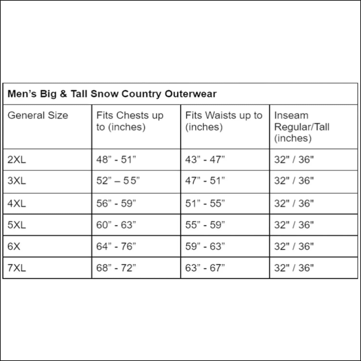 Men’s big and tall outerwear size chart for Snow Country Outerwear winter parkas