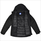 Open black hooded winter coat on display, insulated mountaineer snow jacket for men