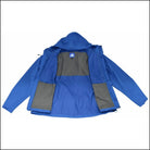 Open blue hooded rain jacket from Snow Country Outerwear Men’s Packable Windbreaker