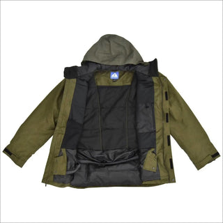 Open olive green hooded insulated winter ski snow jacket for men