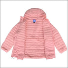 Open pink puffer jacket with hood from Women’s 1X-6X Plus Packable Down Snow Coat